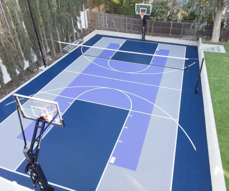 Residential basketball court with colorful interlocking sports floor tiles