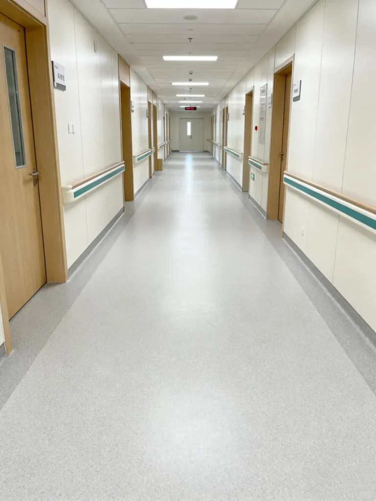 Healthcare corridor with a light floor and doorways
