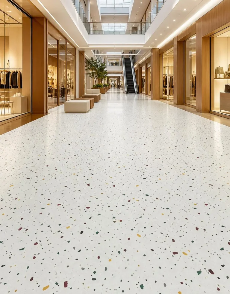 Retail corridor with a light speckled floor