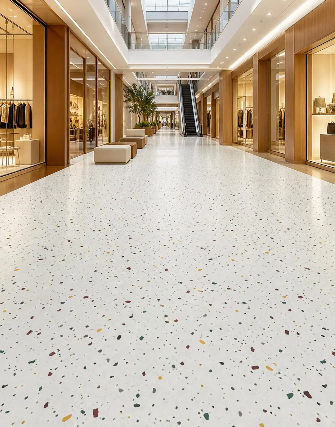 Retail corridor with a light speckled floor