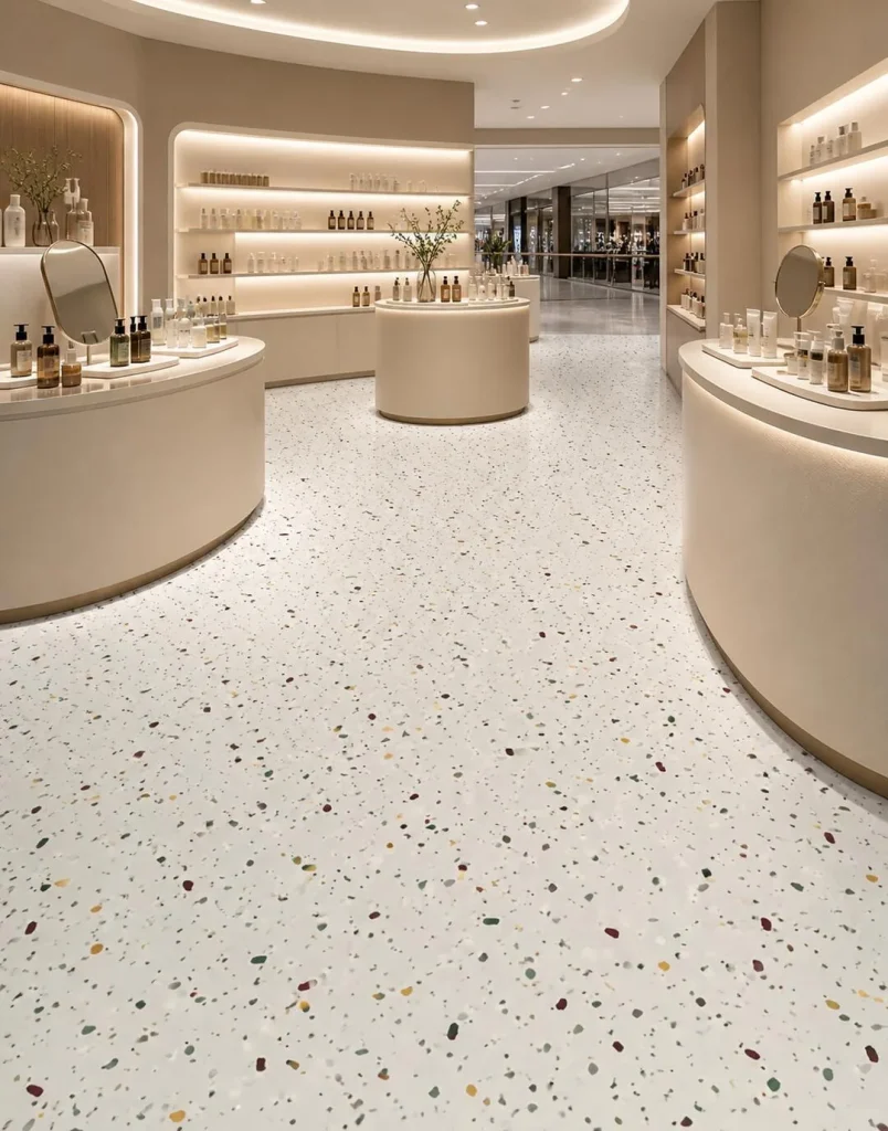 Commercial interior with a speckled floor