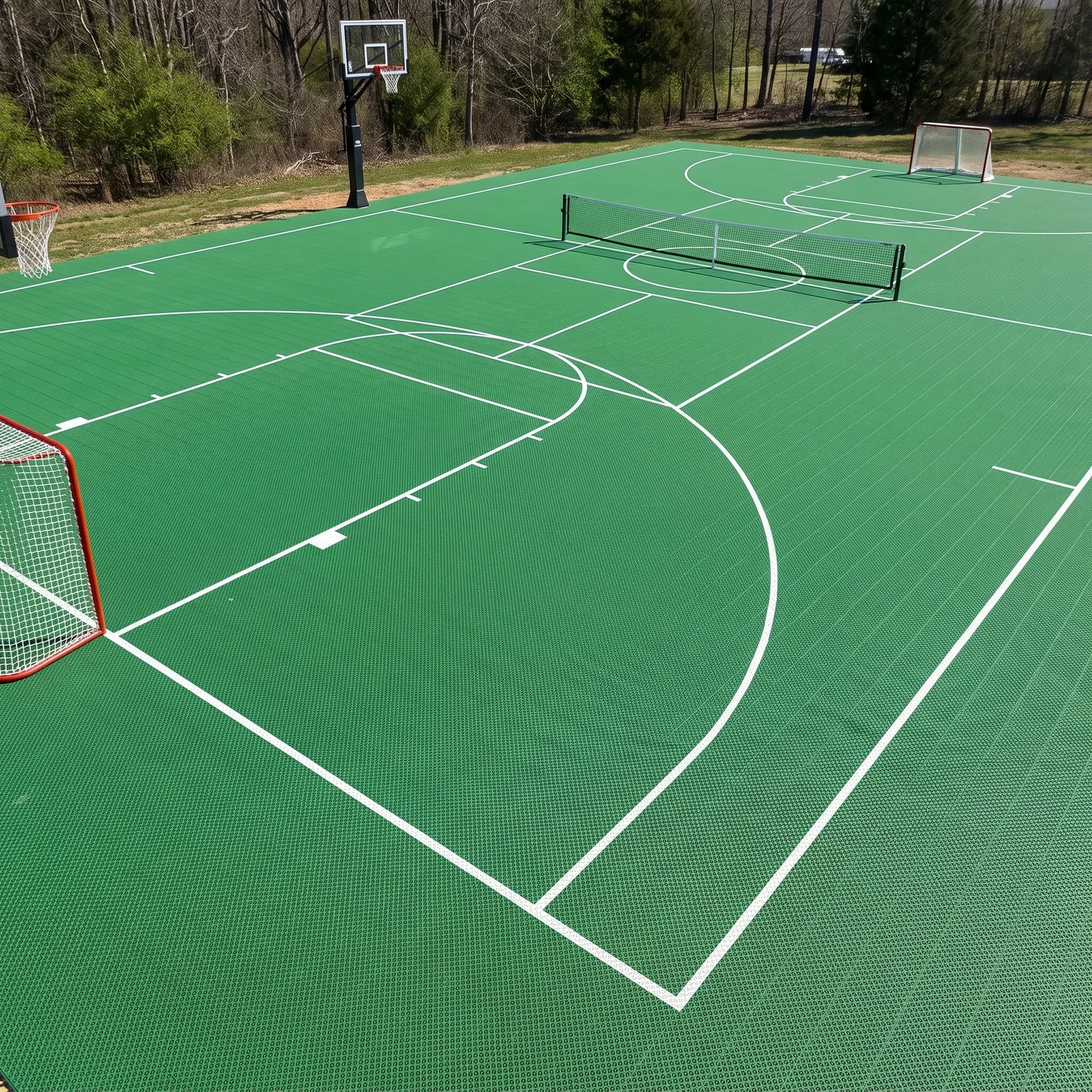 Green multi-sport court with basketball and net-sport markings