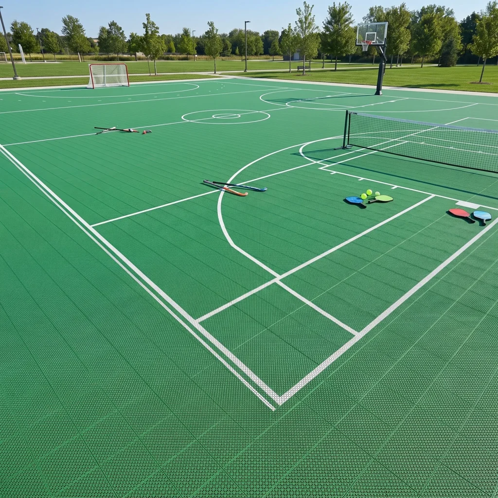 Multi-use court markings on a green playing surface
