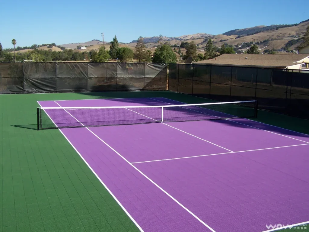 Purple outdoor pickleball court with a net