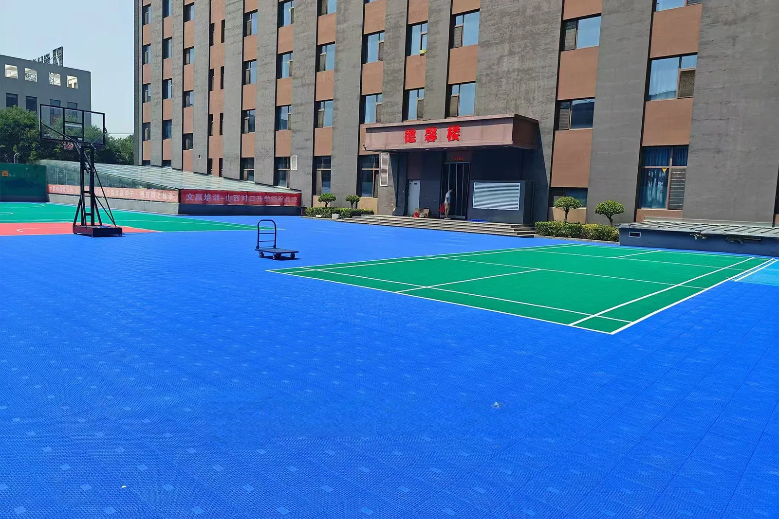 Blue school sports court with a net-sport playing area