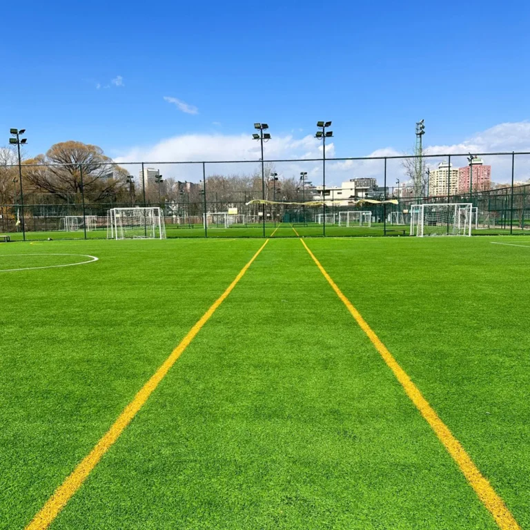 Artificial grass playing field with yellow and white markings